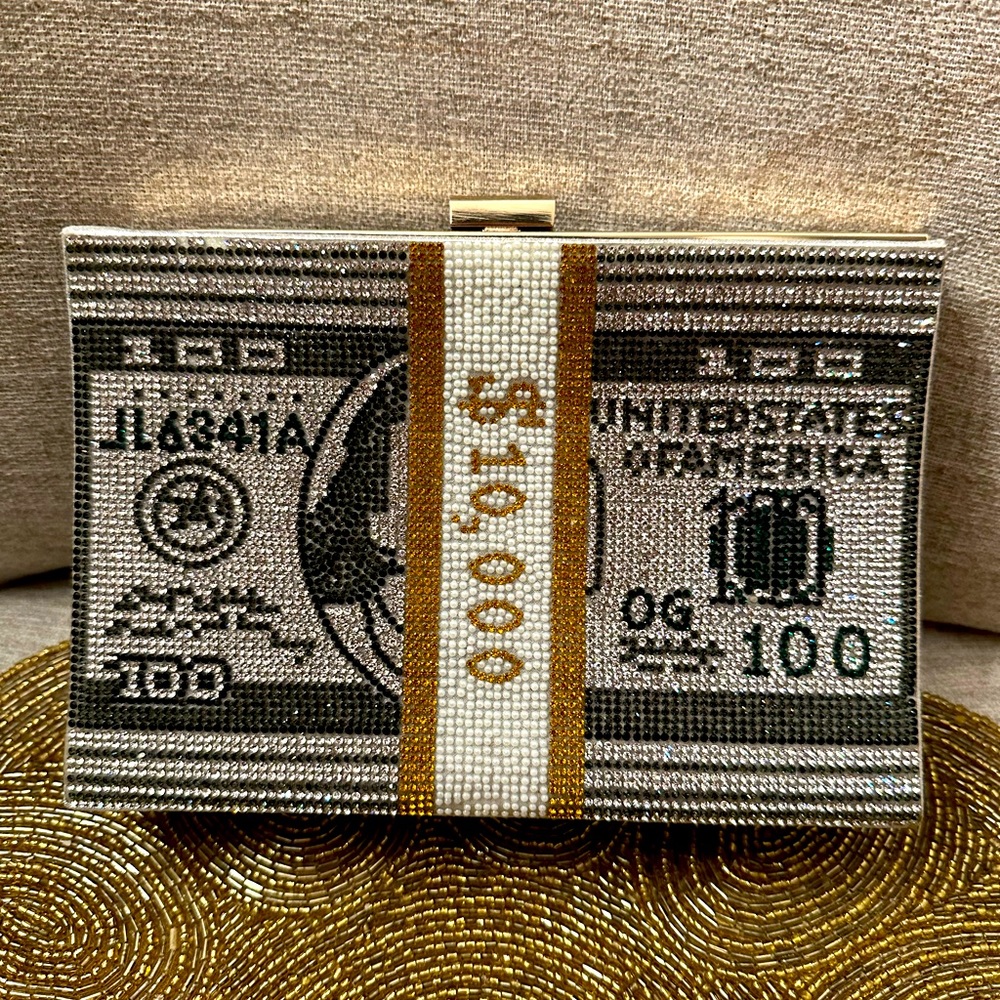 NEW $10,000 dollar bedazzled rhinestone money clutch, 8” L X 5.5” H X 2” W